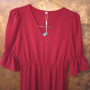 New women’s small Elegant Red/Rust V-Neck Dress. Tiered ruffles. Puffy sleeve